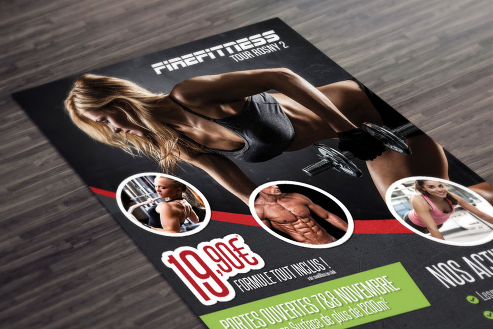 Création de flyer pour FireFitness à Rosny-sous-Bois. Graphiste freelance à Bordeaux, spécialisé en design print sur mesure, supports de communication professionnels, solutions d’impression rapides et budget maîtrisé pour entrepreneurs et PME.